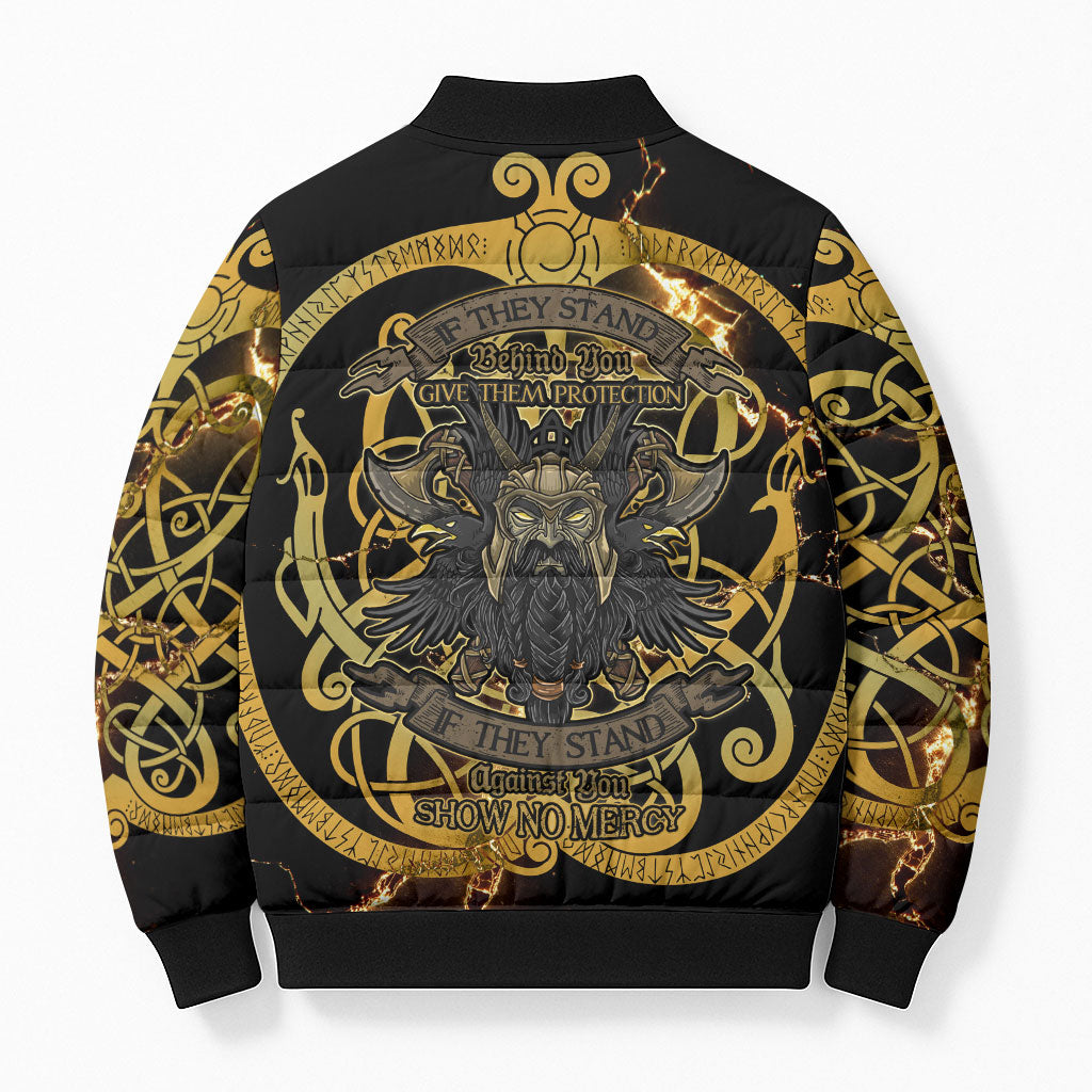 Viking Warrior Guardian Quote Bomber Puffer Jacket Runic Circle Odin Ravens Mythology Dark Gold