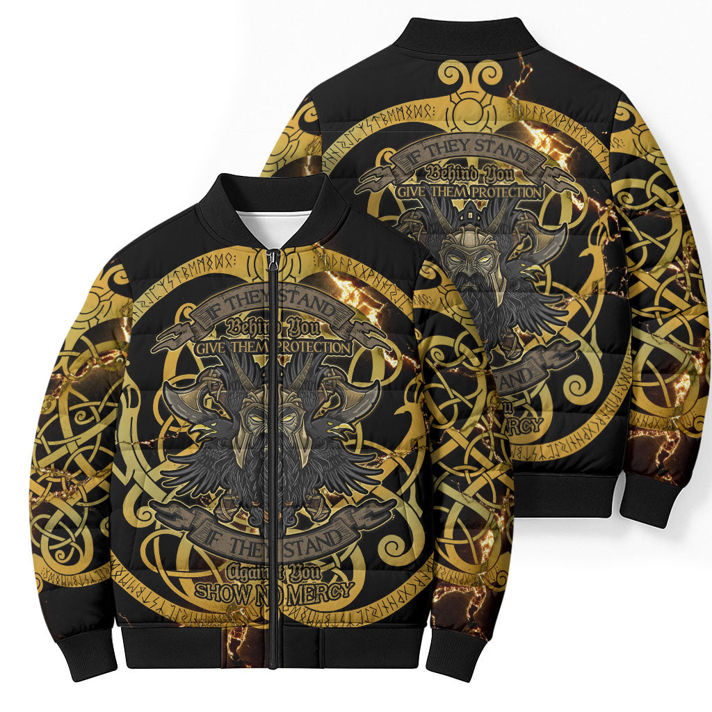 Viking Warrior Guardian Quote Bomber Puffer Jacket Runic Circle Odin Ravens Mythology Dark Gold