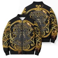Viking Warrior Guardian Quote Bomber Puffer Jacket Runic Circle Odin Ravens Mythology Dark Gold