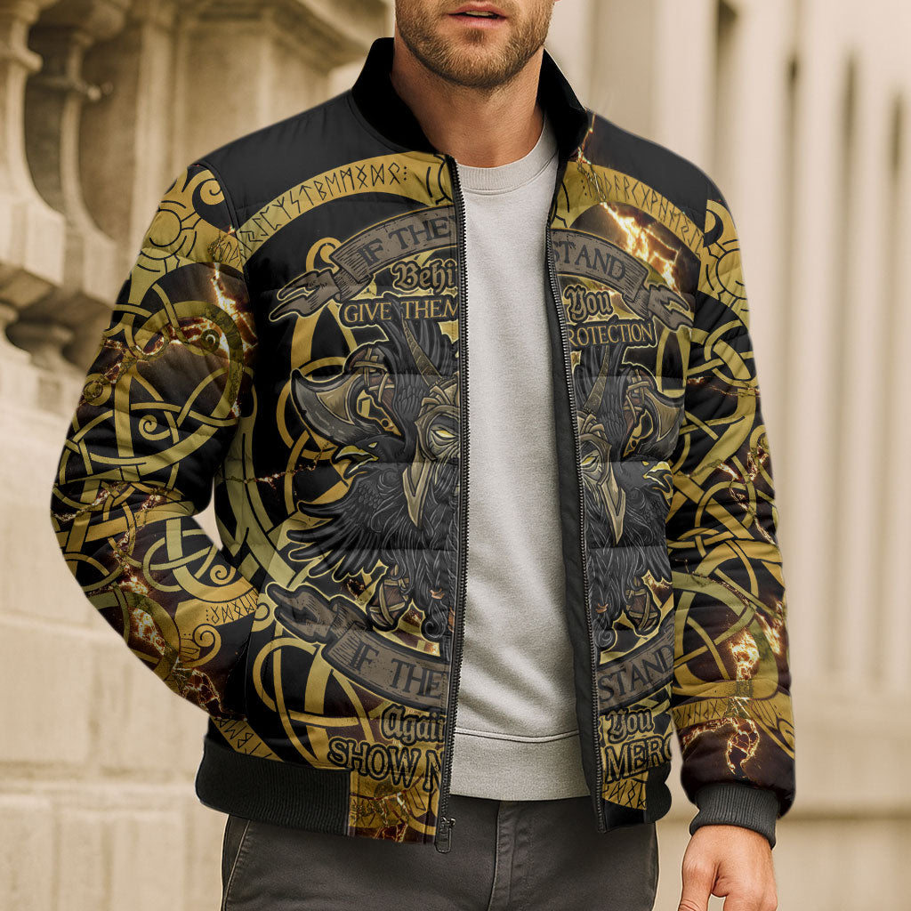 Viking Warrior Guardian Quote Bomber Puffer Jacket Runic Circle Odin Ravens Mythology Dark Gold