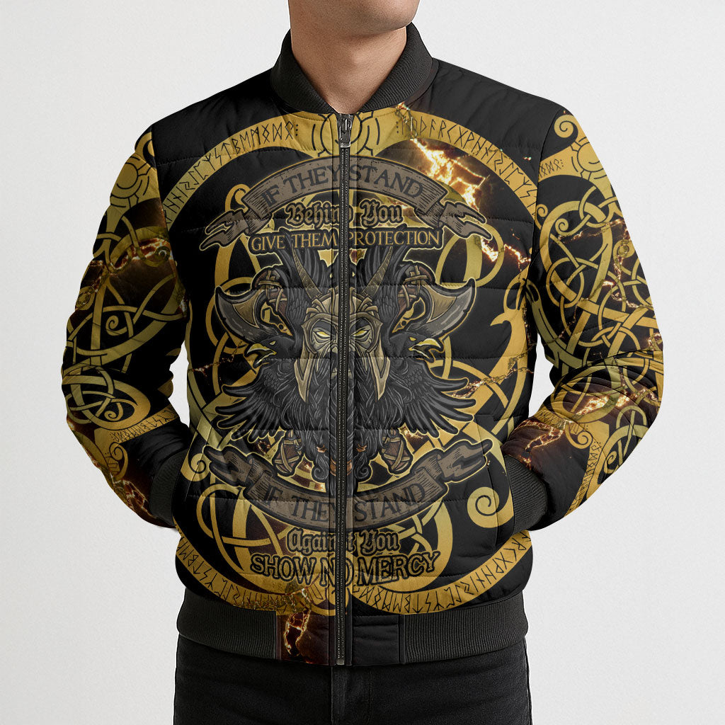 Viking Warrior Guardian Quote Bomber Puffer Jacket Runic Circle Odin Ravens Mythology Dark Gold