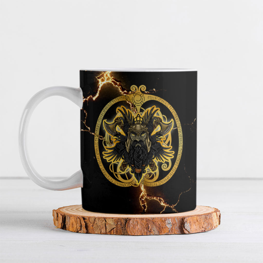 Viking Warrior Guardian Quote Ceramic Mug Runic Circle Odin Ravens Mythology Dark Gold
