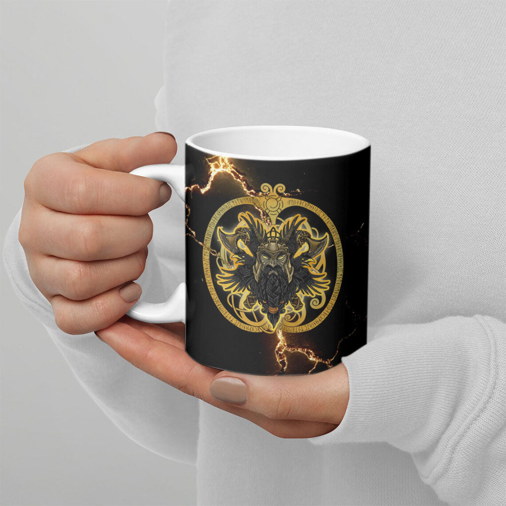 Viking Warrior Guardian Quote Ceramic Mug Runic Circle Odin Ravens Mythology Dark Gold
