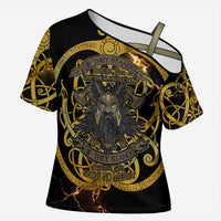 Viking Warrior Guardian Quote Cross Shoulder Shirt Runic Circle Odin Ravens Mythology Dark Gold