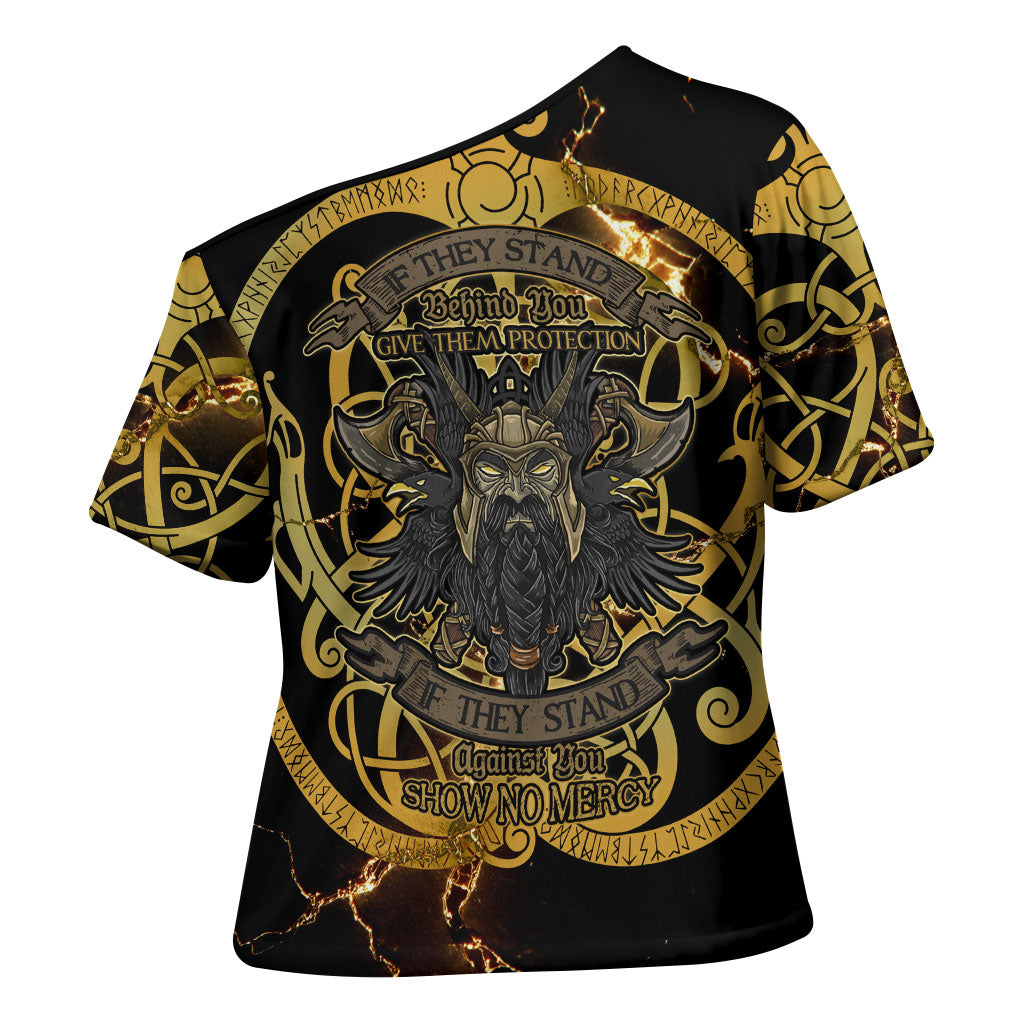 Viking Warrior Guardian Quote Cross Shoulder Shirt Runic Circle Odin Ravens Mythology Dark Gold