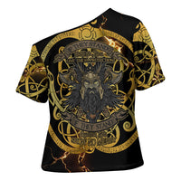 Viking Warrior Guardian Quote Cross Shoulder Shirt Runic Circle Odin Ravens Mythology Dark Gold