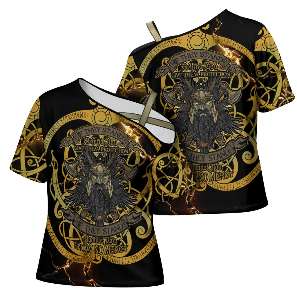 Viking Warrior Guardian Quote Cross Shoulder Shirt Runic Circle Odin Ravens Mythology Dark Gold