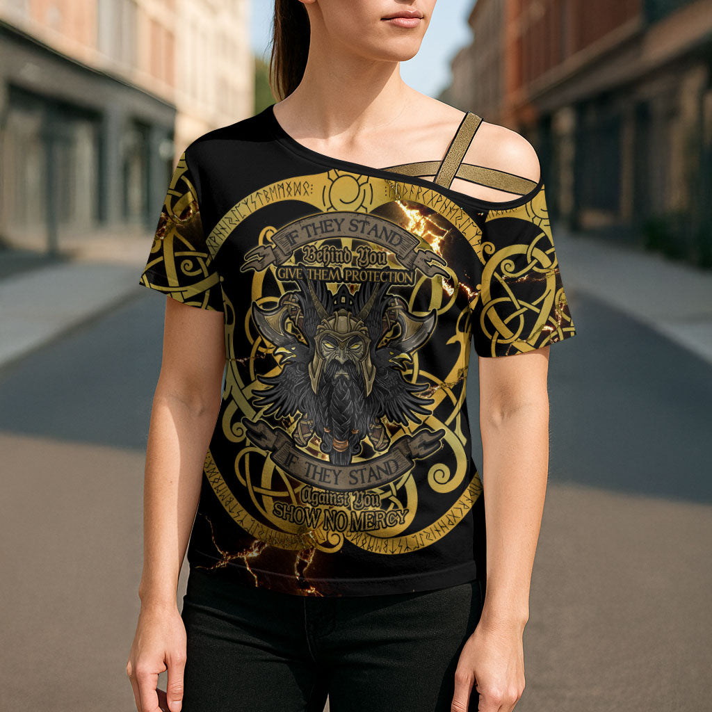 Viking Warrior Guardian Quote Cross Shoulder Shirt Runic Circle Odin Ravens Mythology Dark Gold