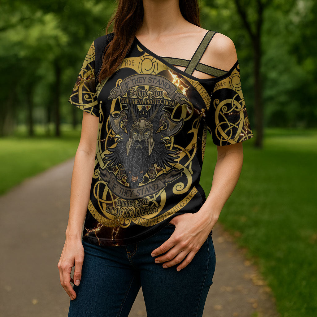 Viking Warrior Guardian Quote Cross Shoulder Shirt Runic Circle Odin Ravens Mythology Dark Gold