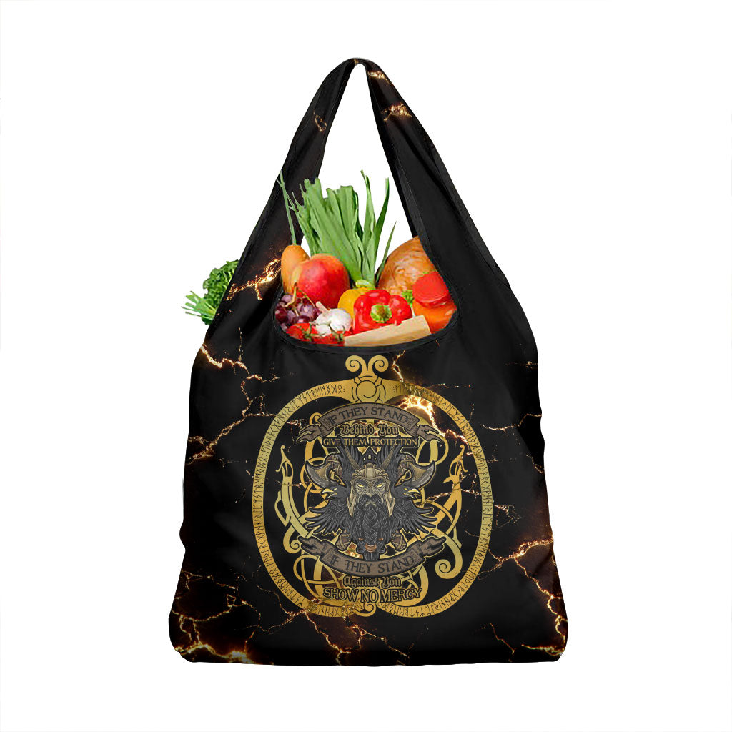 Viking Warrior Guardian Quote Grocery Bag Runic Circle Odin Ravens Mythology Dark Gold