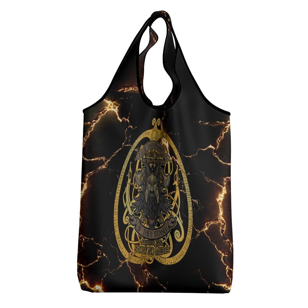 Viking Warrior Guardian Quote Grocery Bag Runic Circle Odin Ravens Mythology Dark Gold