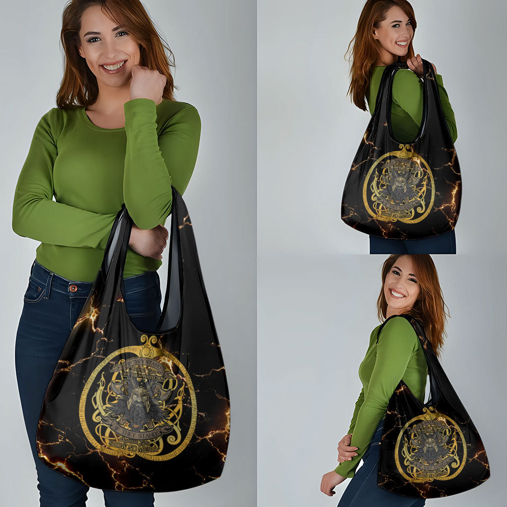 Viking Warrior Guardian Quote Grocery Bag Runic Circle Odin Ravens Mythology Dark Gold