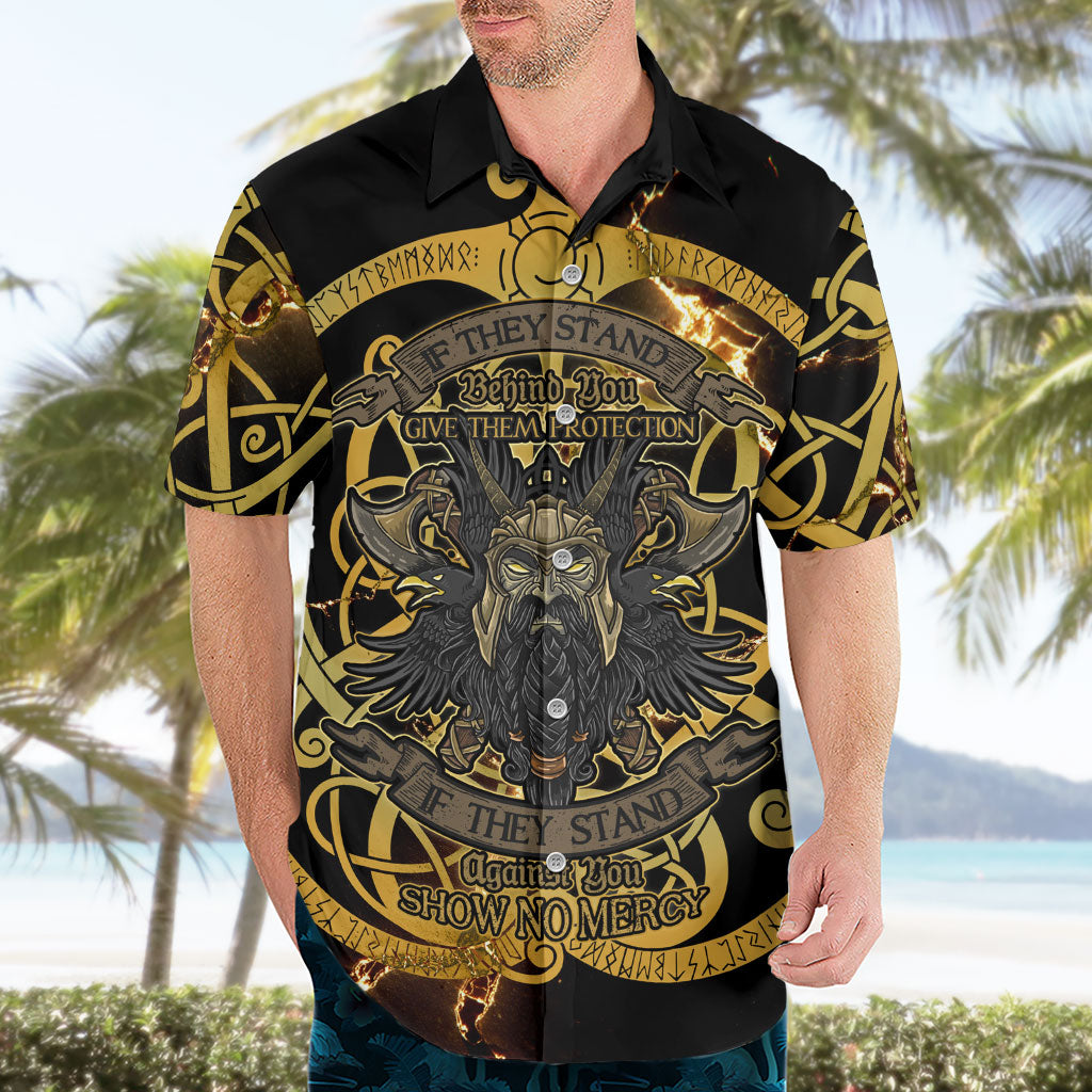 Viking Warrior Guardian Quote Hawaiian Shirt Runic Circle Odin Ravens Mythology Dark Gold
