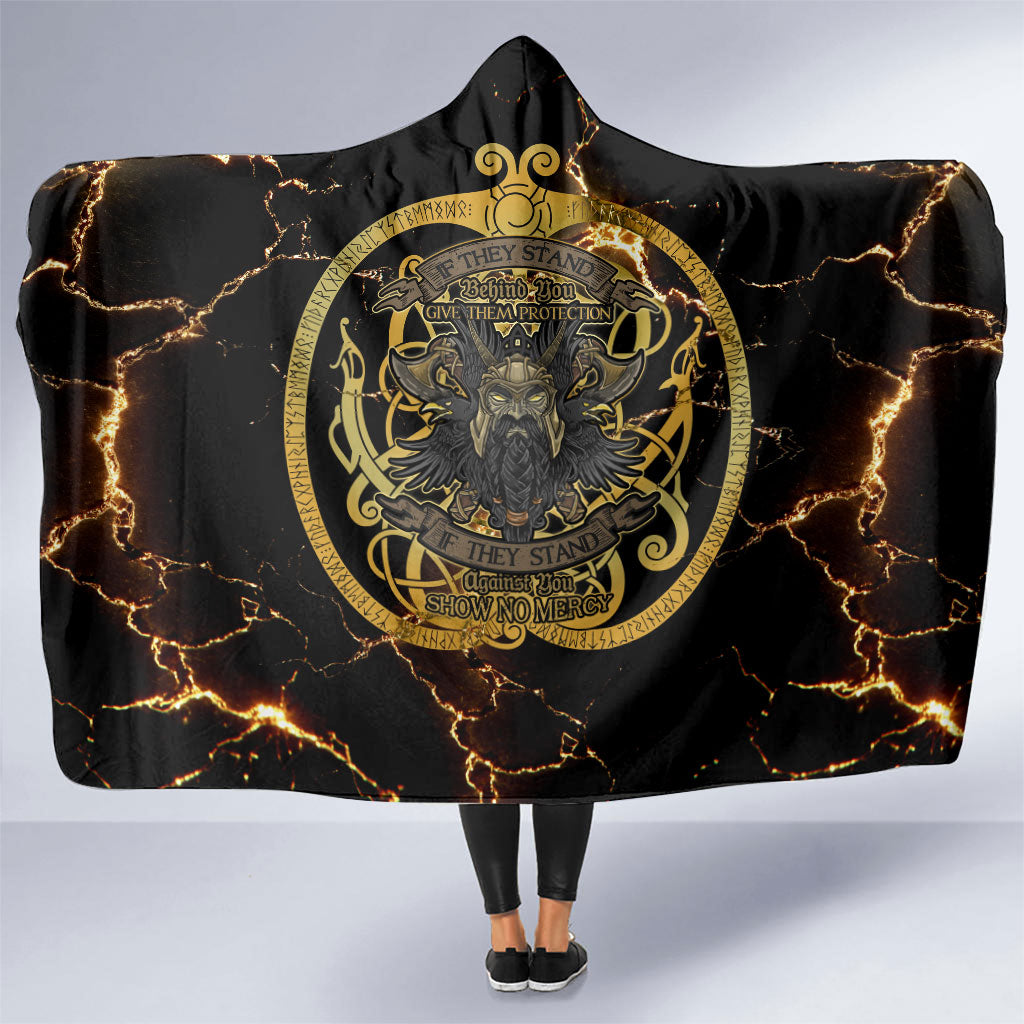 Viking Warrior Guardian Quote Hooded Blanket Runic Circle Odin Ravens Mythology Dark Gold