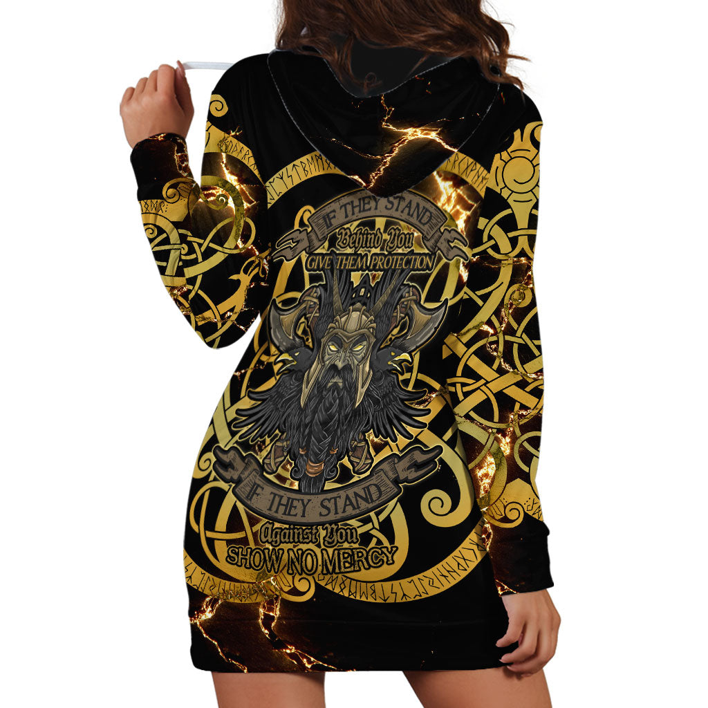 Viking Warrior Guardian Quote Hoodie Dress Runic Circle Odin Ravens Mythology Dark Gold