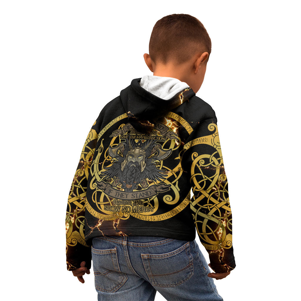 Viking Warrior Guardian Quote Kid Hoodie Runic Circle Odin Ravens Mythology Dark Gold