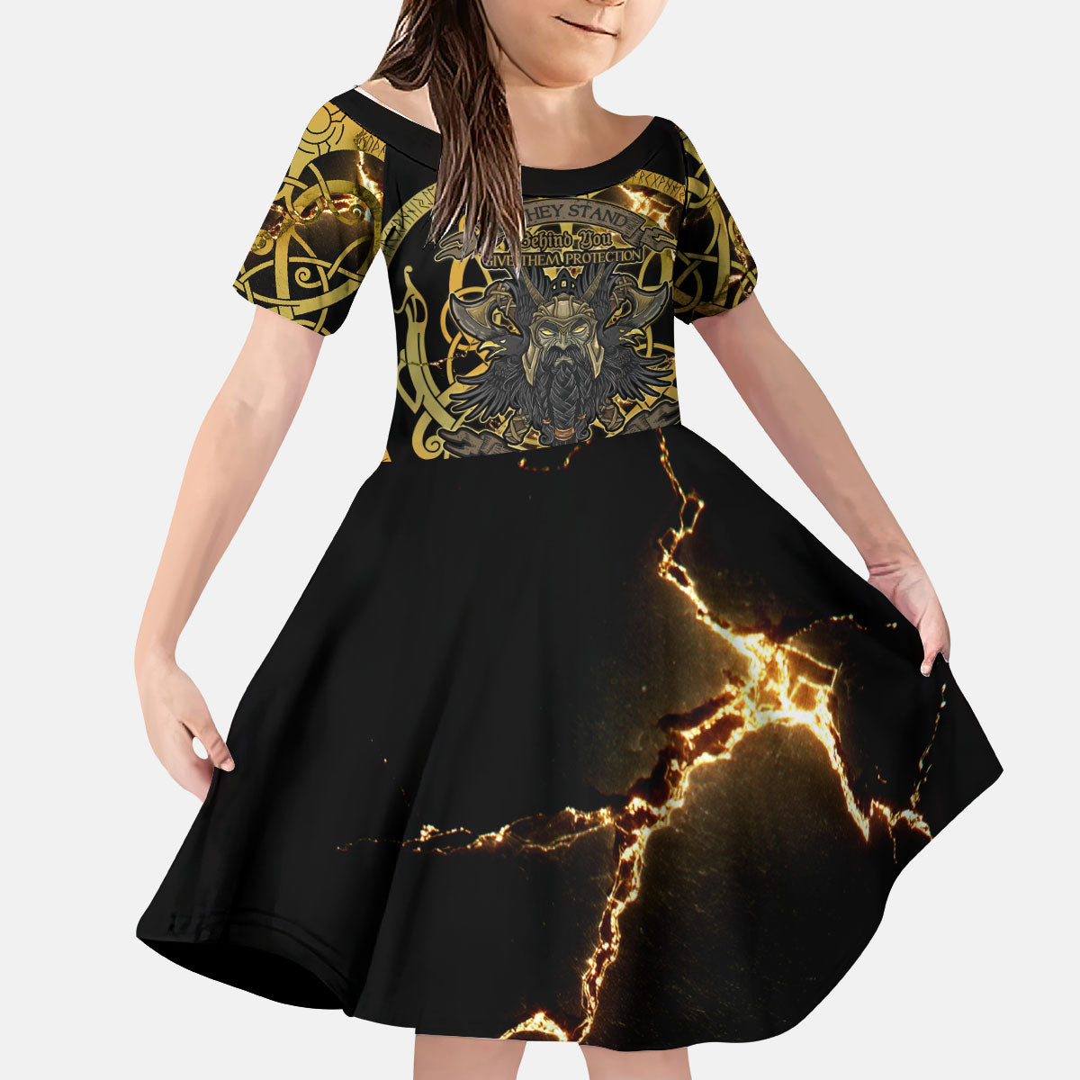 Viking Warrior Guardian Quote Kid Short Sleeve Dress Runic Circle Odin Ravens Mythology Dark Gold