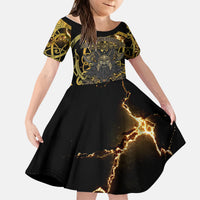 Viking Warrior Guardian Quote Kid Short Sleeve Dress Runic Circle Odin Ravens Mythology Dark Gold