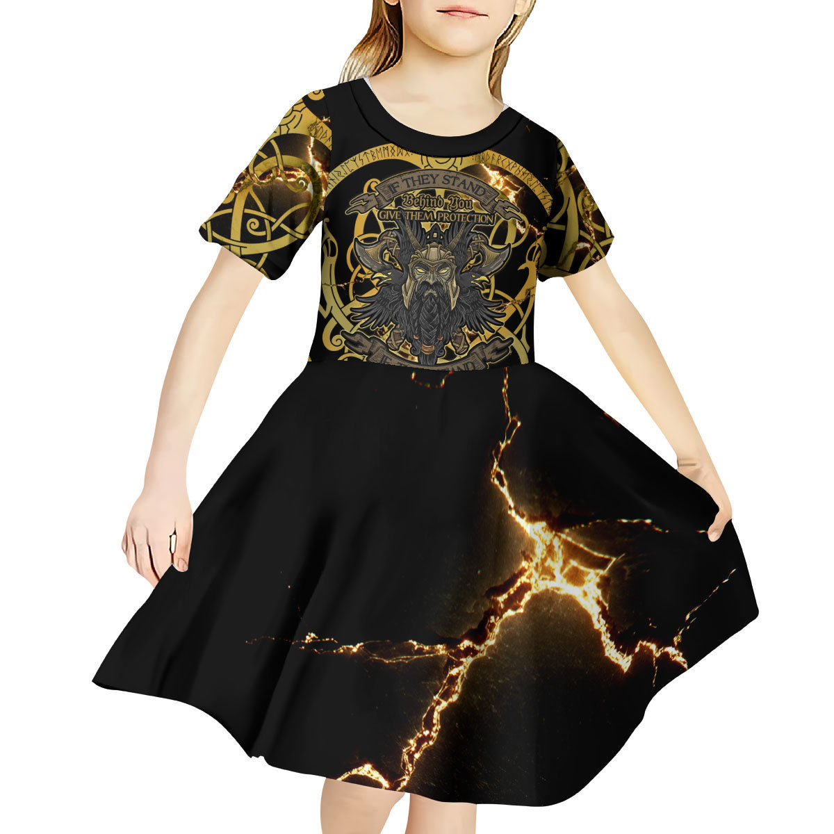 Viking Warrior Guardian Quote Kid Short Sleeve Dress Runic Circle Odin Ravens Mythology Dark Gold