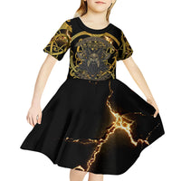 Viking Warrior Guardian Quote Kid Short Sleeve Dress Runic Circle Odin Ravens Mythology Dark Gold