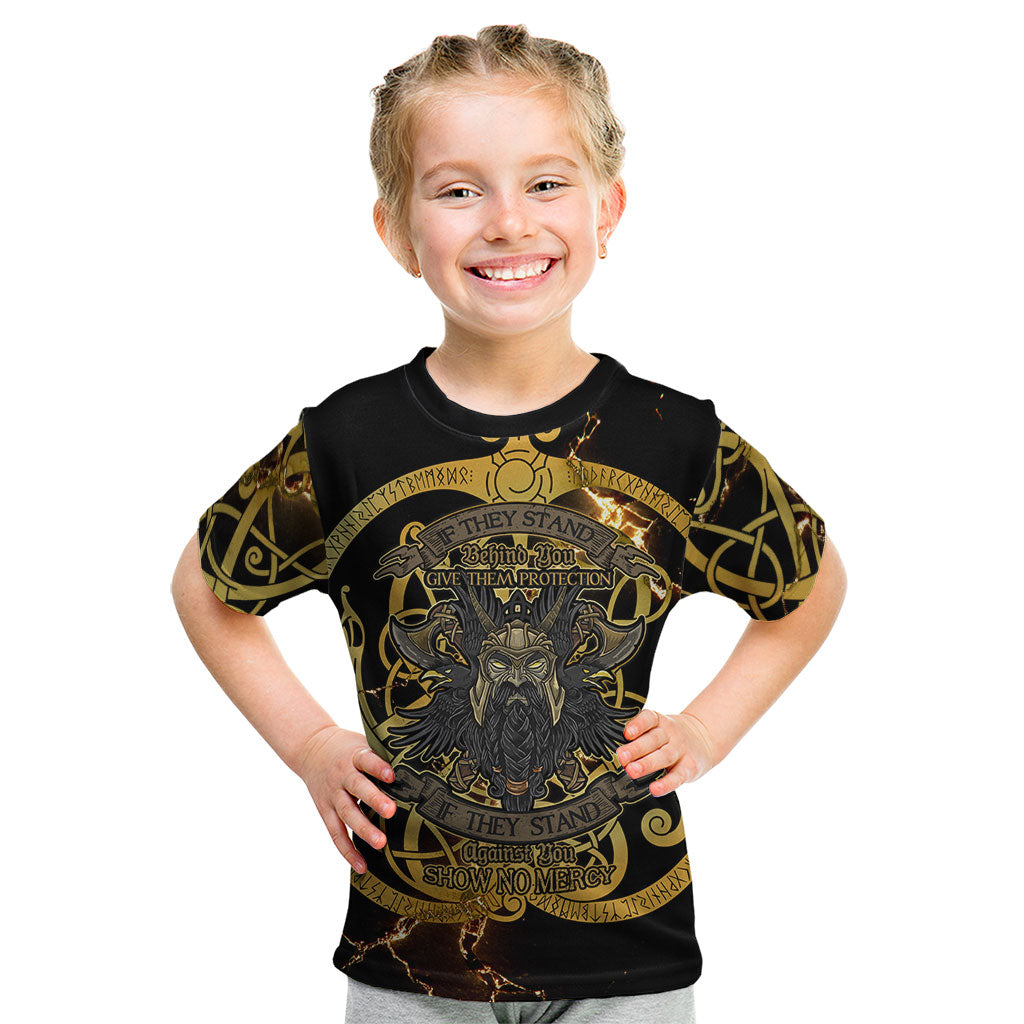 Viking Warrior Guardian Quote Kid T Shirt Runic Circle Odin Ravens Mythology Dark Gold
