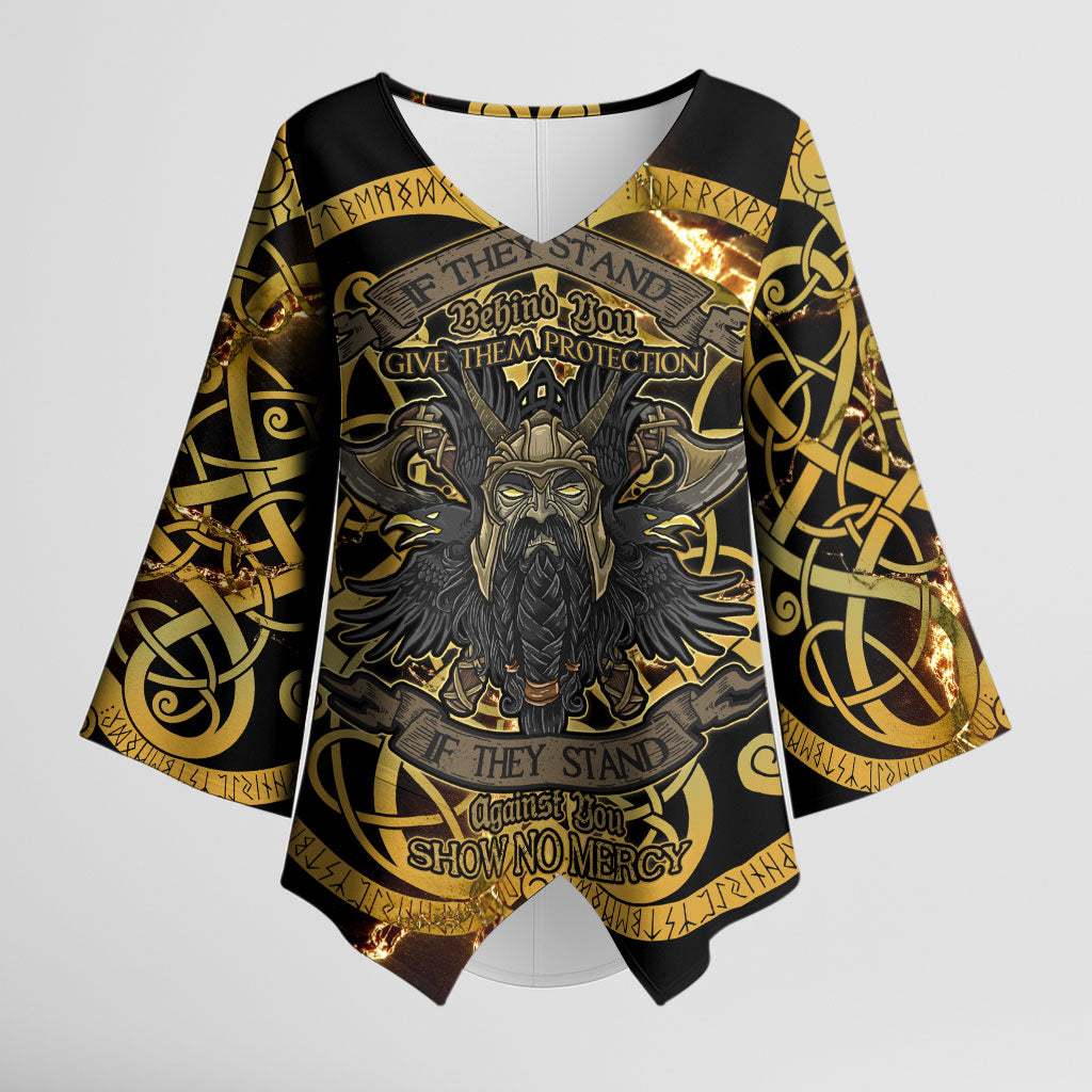 Viking Warrior Guardian Quote Kimono Sleeve Blouse Runic Circle Odin Ravens Mythology Dark Gold