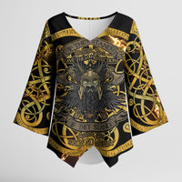 Viking Warrior Guardian Quote Kimono Sleeve Blouse Runic Circle Odin Ravens Mythology Dark Gold