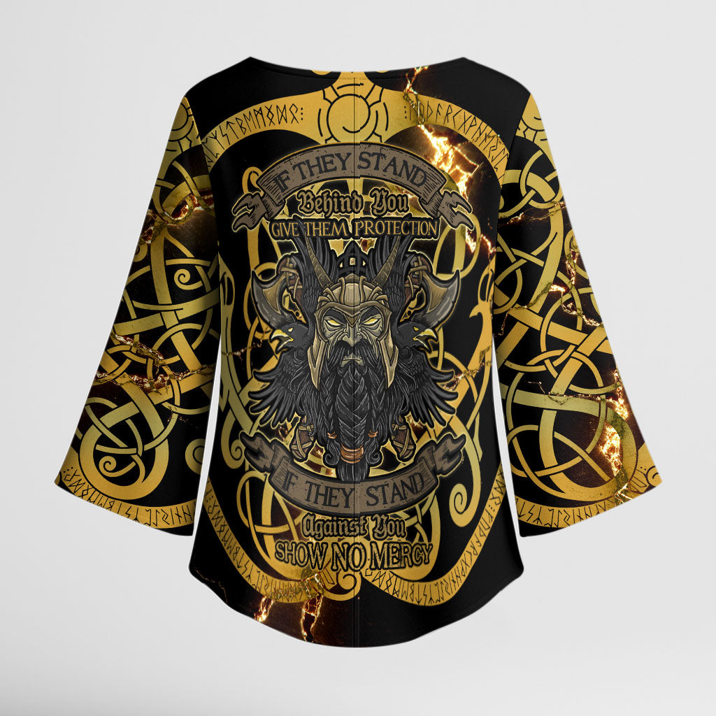 Viking Warrior Guardian Quote Kimono Sleeve Blouse Runic Circle Odin Ravens Mythology Dark Gold