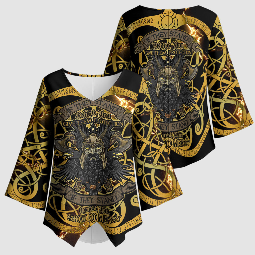 Viking Warrior Guardian Quote Kimono Sleeve Blouse Runic Circle Odin Ravens Mythology Dark Gold