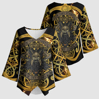 Viking Warrior Guardian Quote Kimono Sleeve Blouse Runic Circle Odin Ravens Mythology Dark Gold