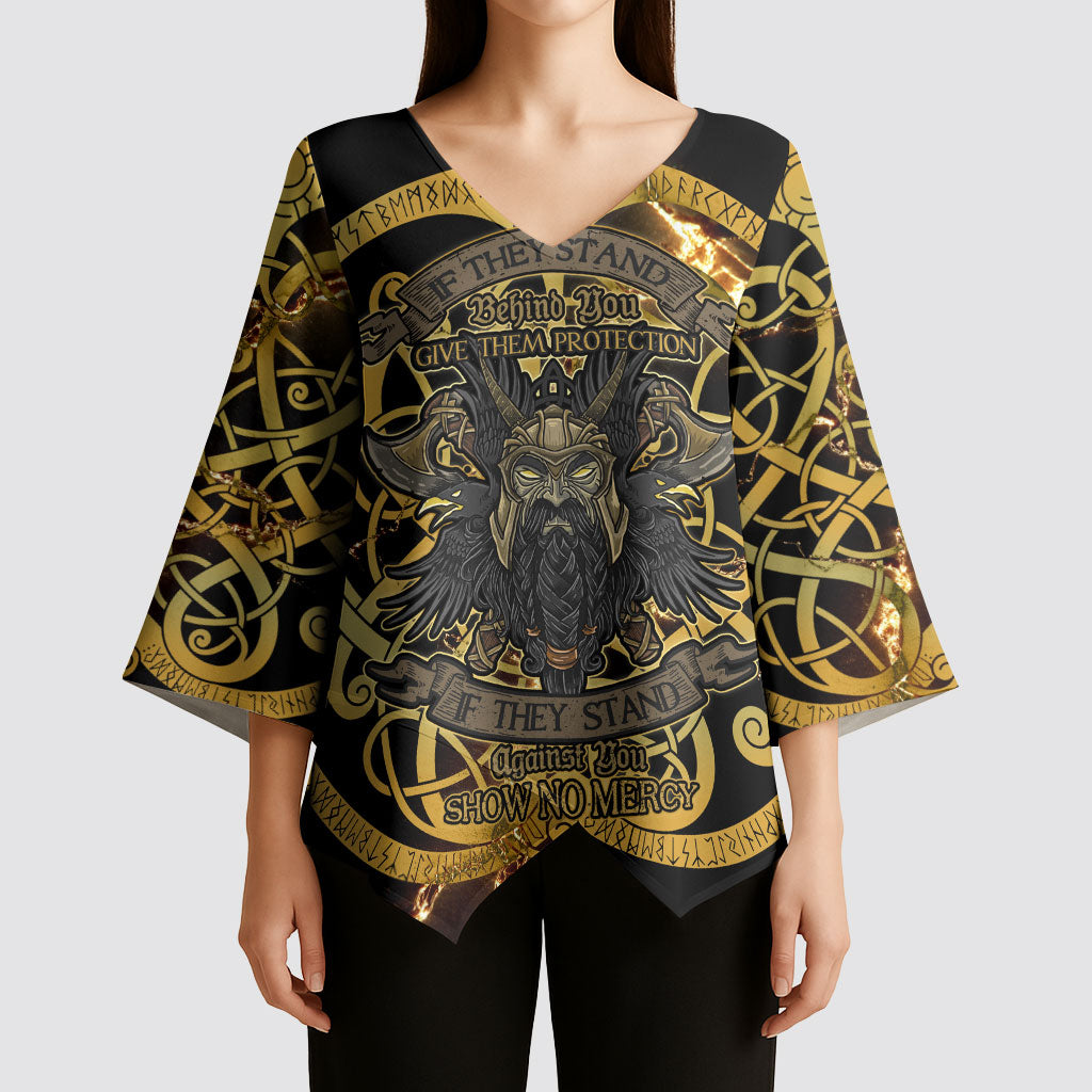 Viking Warrior Guardian Quote Kimono Sleeve Blouse Runic Circle Odin Ravens Mythology Dark Gold