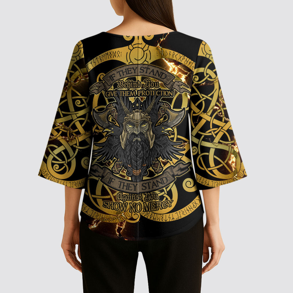 Viking Warrior Guardian Quote Kimono Sleeve Blouse Runic Circle Odin Ravens Mythology Dark Gold