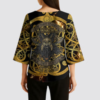 Viking Warrior Guardian Quote Kimono Sleeve Blouse Runic Circle Odin Ravens Mythology Dark Gold