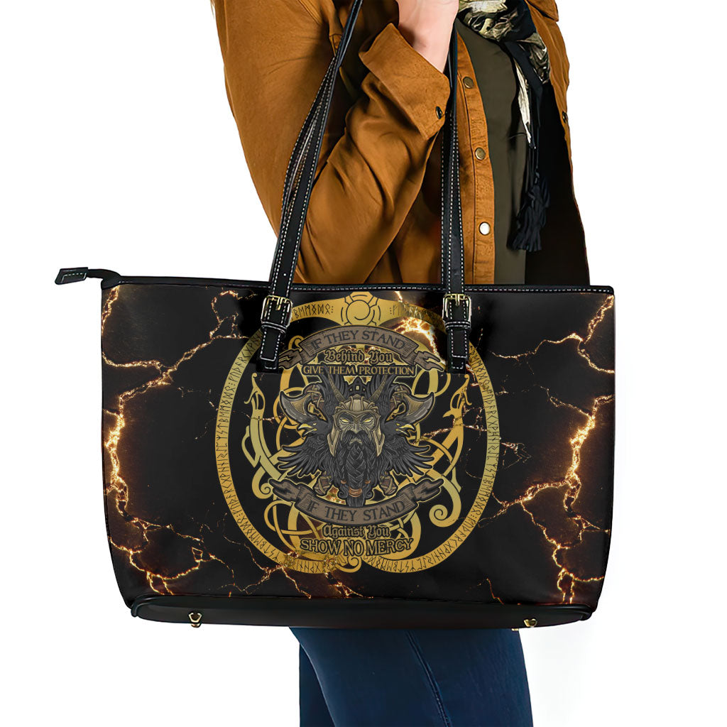 Viking Warrior Guardian Quote Leather Tote Bag Runic Circle Odin Ravens Mythology Dark Gold