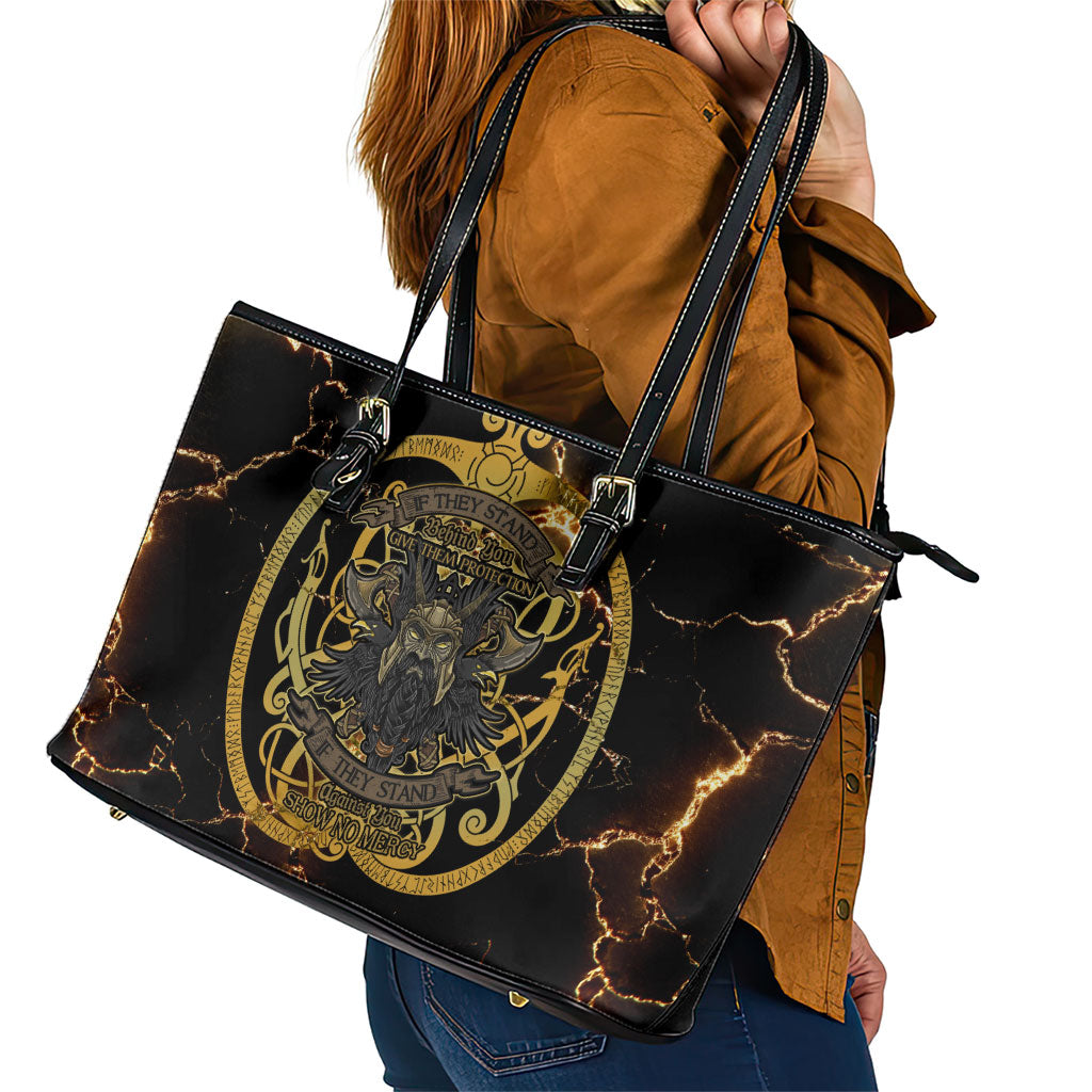 Viking Warrior Guardian Quote Leather Tote Bag Runic Circle Odin Ravens Mythology Dark Gold