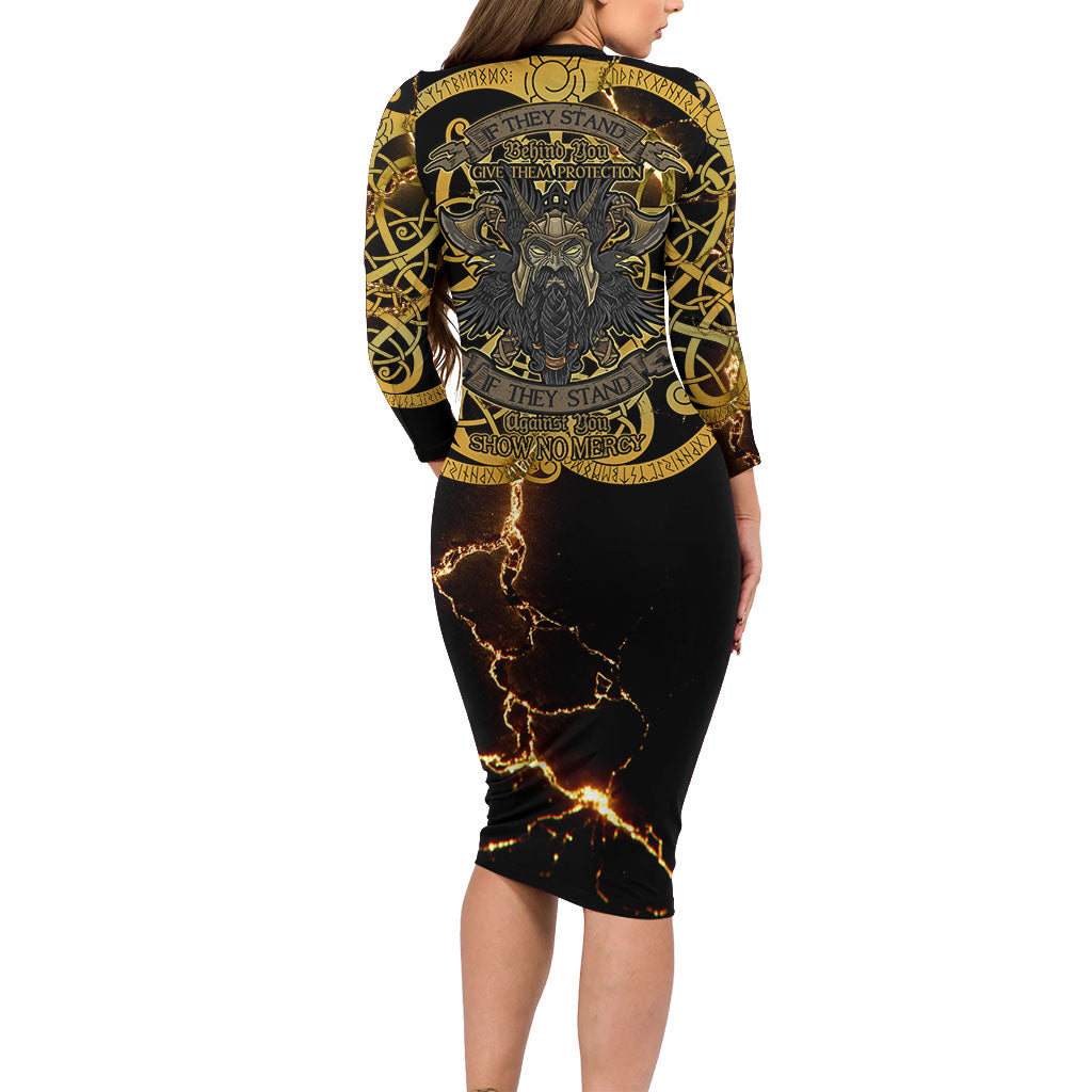 Viking Warrior Guardian Quote Long Sleeve Bodycon Dress Runic Circle Odin Ravens Mythology Dark Gold