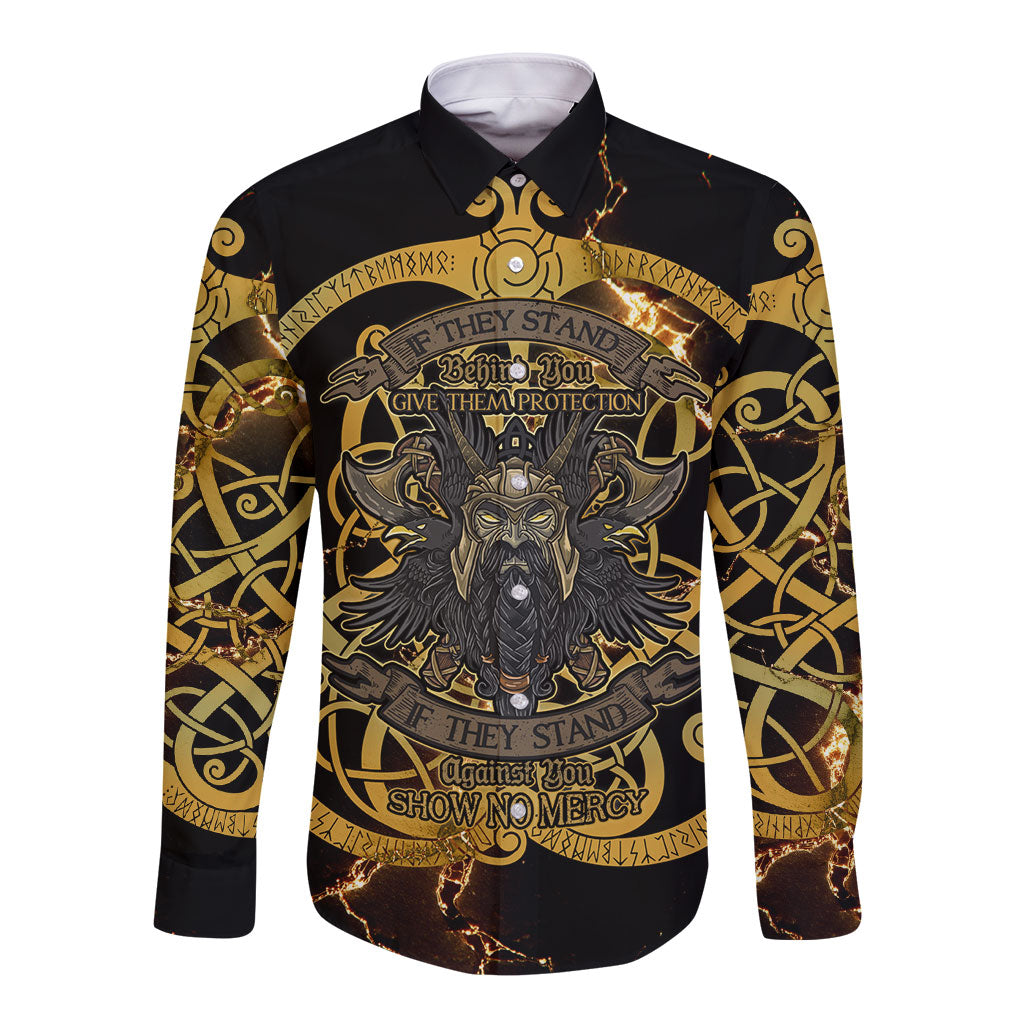 Viking Warrior Guardian Quote Long Sleeve Button Shirt Runic Circle Odin Ravens Mythology Dark Gold