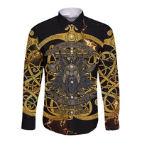 Viking Warrior Guardian Quote Long Sleeve Button Shirt Runic Circle Odin Ravens Mythology Dark Gold