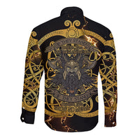 Viking Warrior Guardian Quote Long Sleeve Button Shirt Runic Circle Odin Ravens Mythology Dark Gold