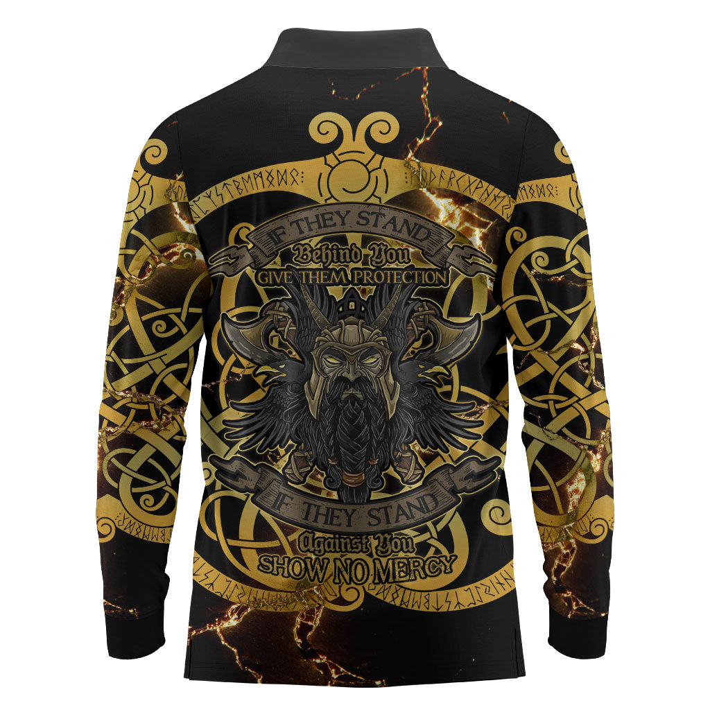 Viking Warrior Guardian Quote Long Sleeve Polo Shirt Runic Circle Odin Ravens Mythology Dark Gold
