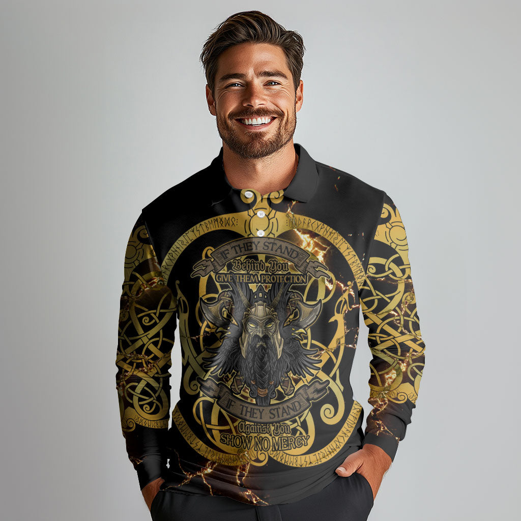 Viking Warrior Guardian Quote Long Sleeve Polo Shirt Runic Circle Odin Ravens Mythology Dark Gold