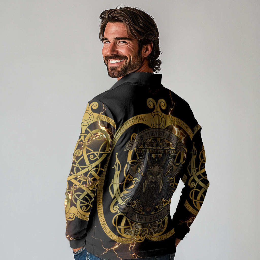 Viking Warrior Guardian Quote Long Sleeve Polo Shirt Runic Circle Odin Ravens Mythology Dark Gold