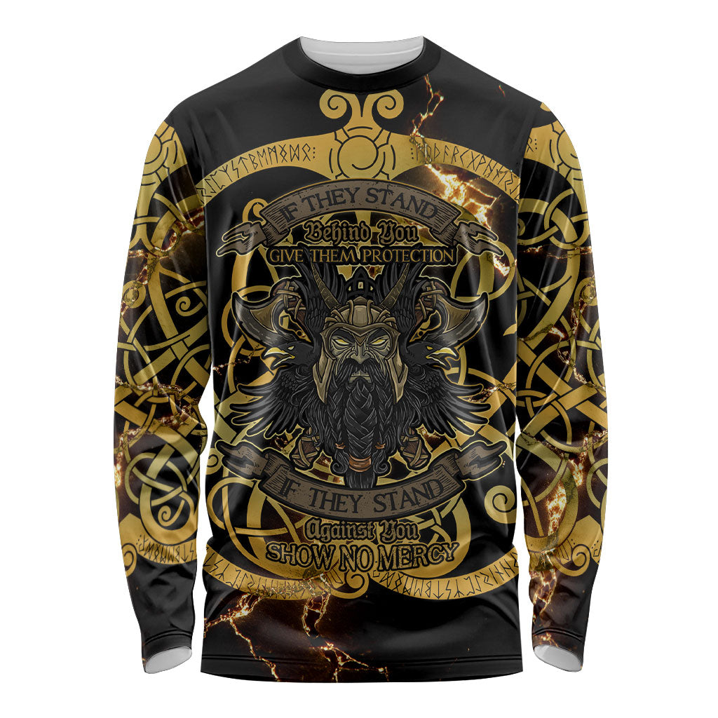 Viking Warrior Guardian Quote Long Sleeve Shirt Runic Circle Odin Ravens Mythology Dark Gold