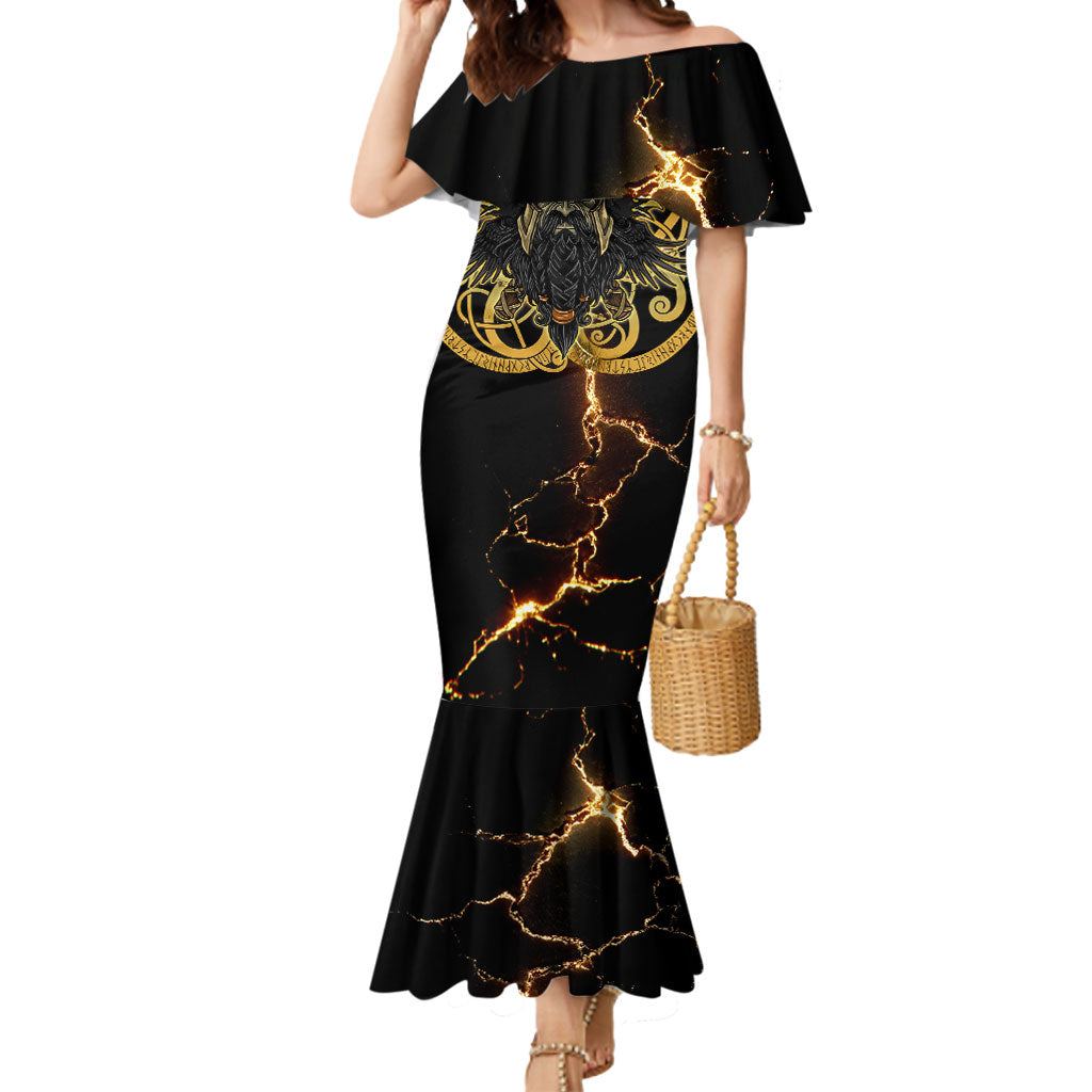 Viking Warrior Guardian Quote Mermaid Dress Runic Circle Odin Ravens Mythology Dark Gold