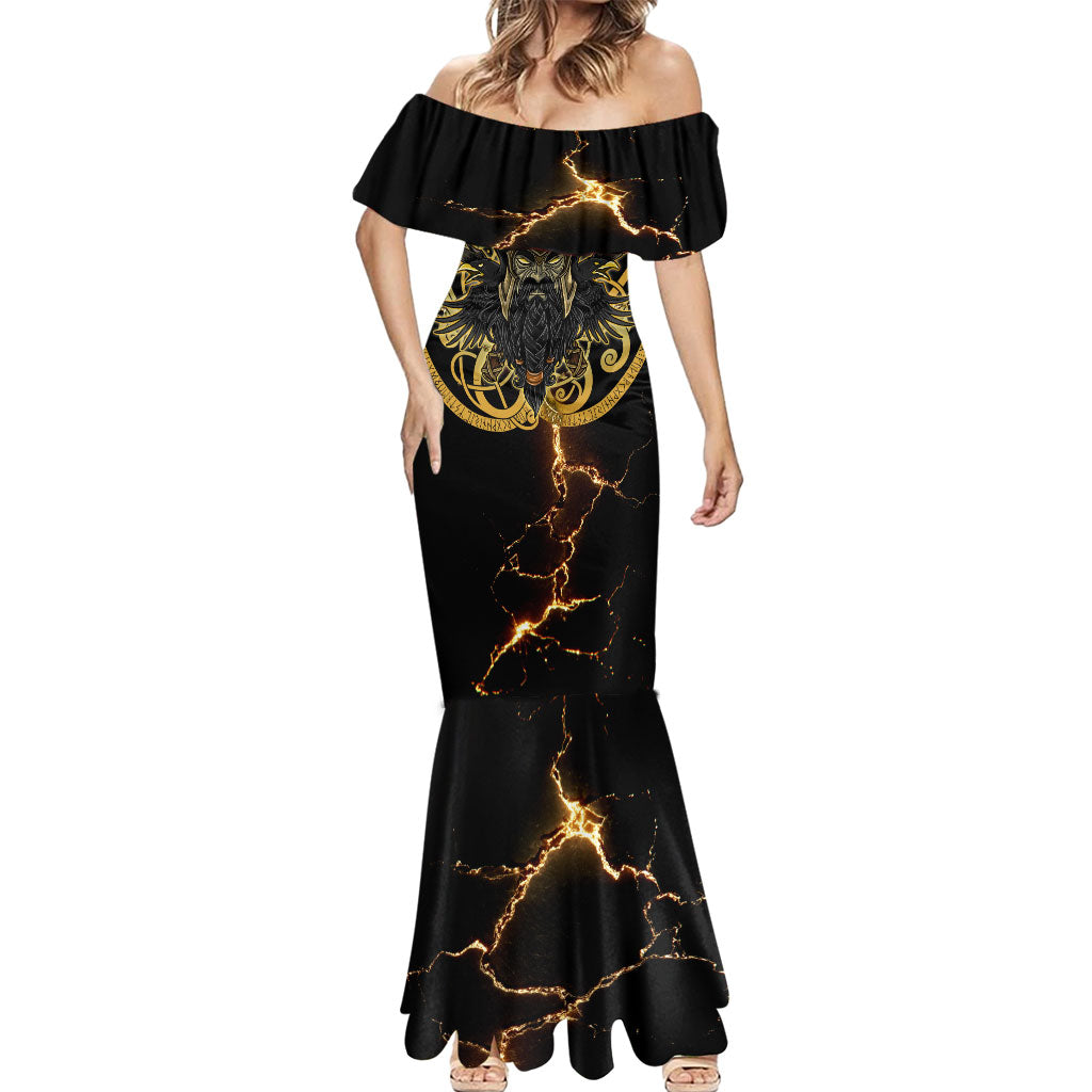 Viking Warrior Guardian Quote Mermaid Dress Runic Circle Odin Ravens Mythology Dark Gold