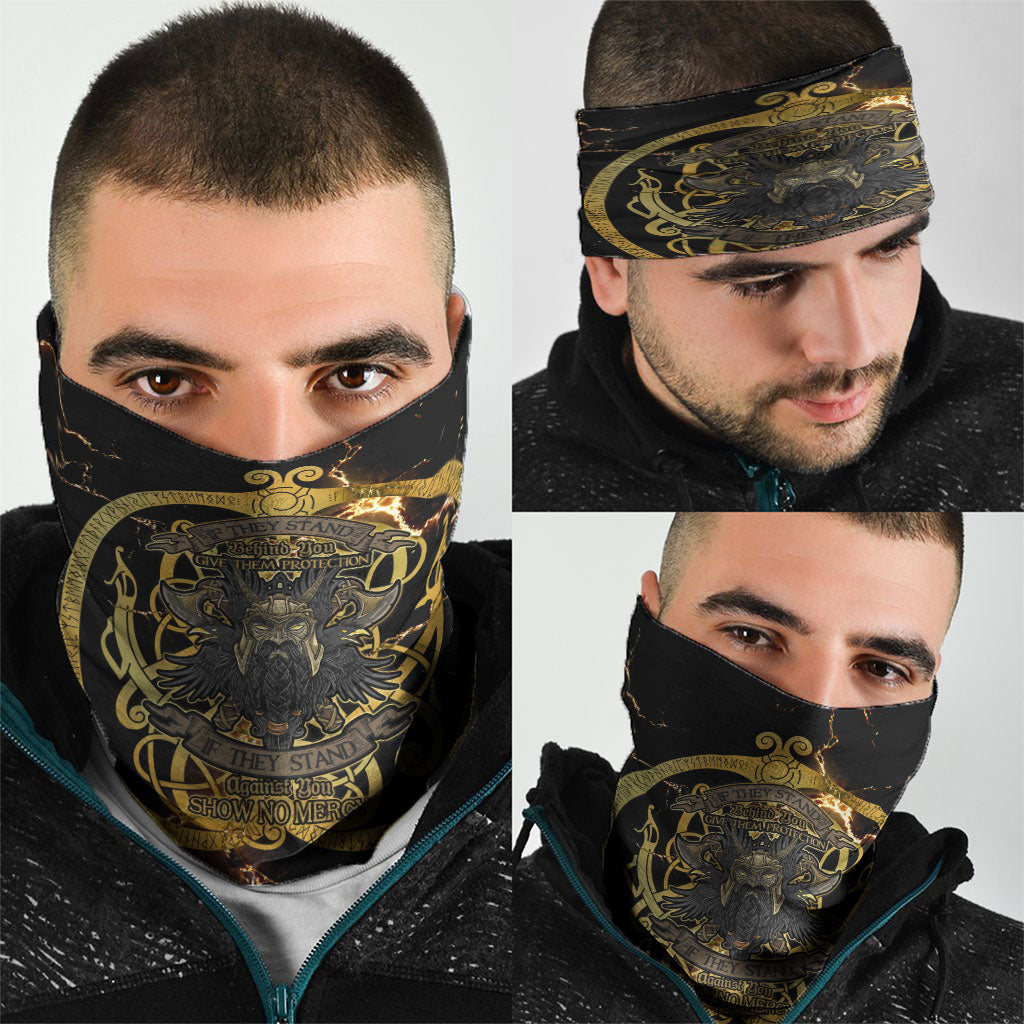 Viking Warrior Guardian Quote Neck Gaiter Runic Circle Odin Ravens Mythology Dark Gold