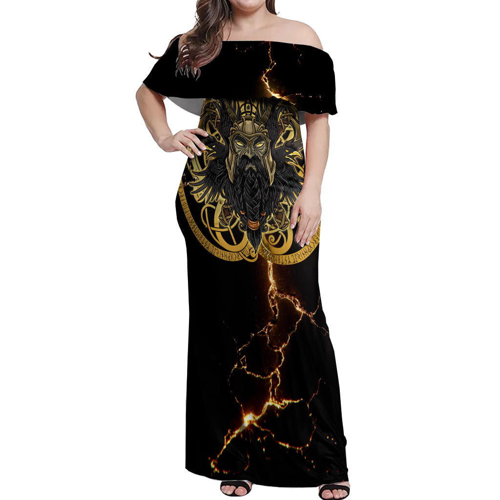 Viking Warrior Guardian Quote Off Shoulder Maxi Dress Runic Circle Odin Ravens Mythology Dark Gold