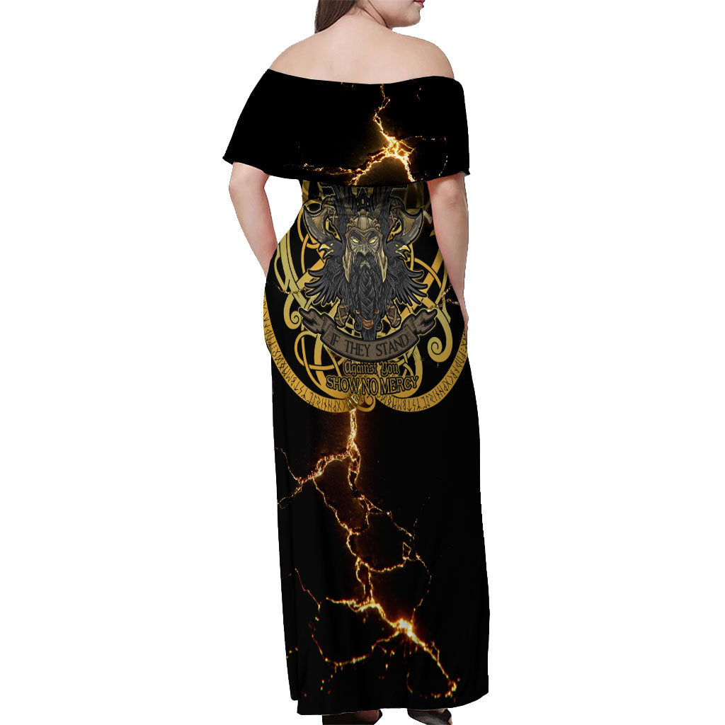 Viking Warrior Guardian Quote Off Shoulder Maxi Dress Runic Circle Odin Ravens Mythology Dark Gold