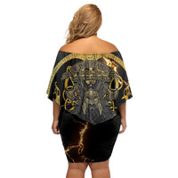 Viking Warrior Guardian Quote Off Shoulder Short Dress Runic Circle Odin Ravens Mythology Dark Gold
