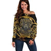 Viking Warrior Guardian Quote Off Shoulder Sweater Runic Circle Odin Ravens Mythology Dark Gold